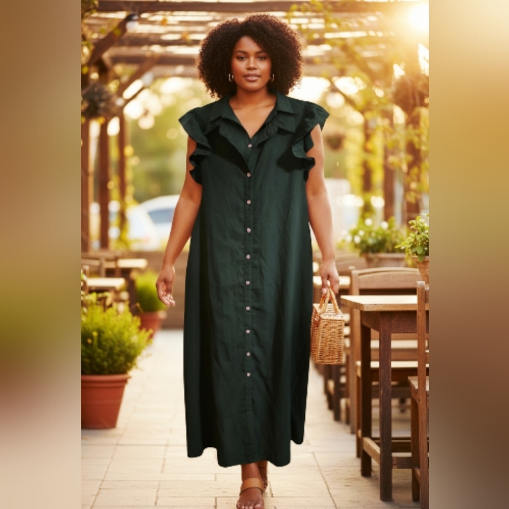 SHEIN Dark Green Ruffle Sleeve Maxi Dress XL